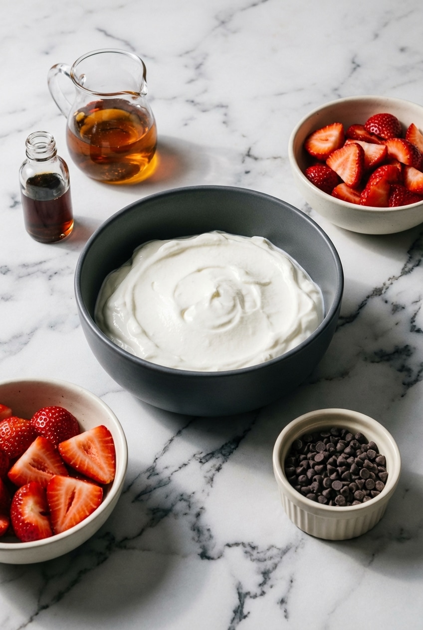 Ingredients for Chocolate Yogurt Bark including Greek yogurt, maple syrup, and almond butter on parchment paper.
