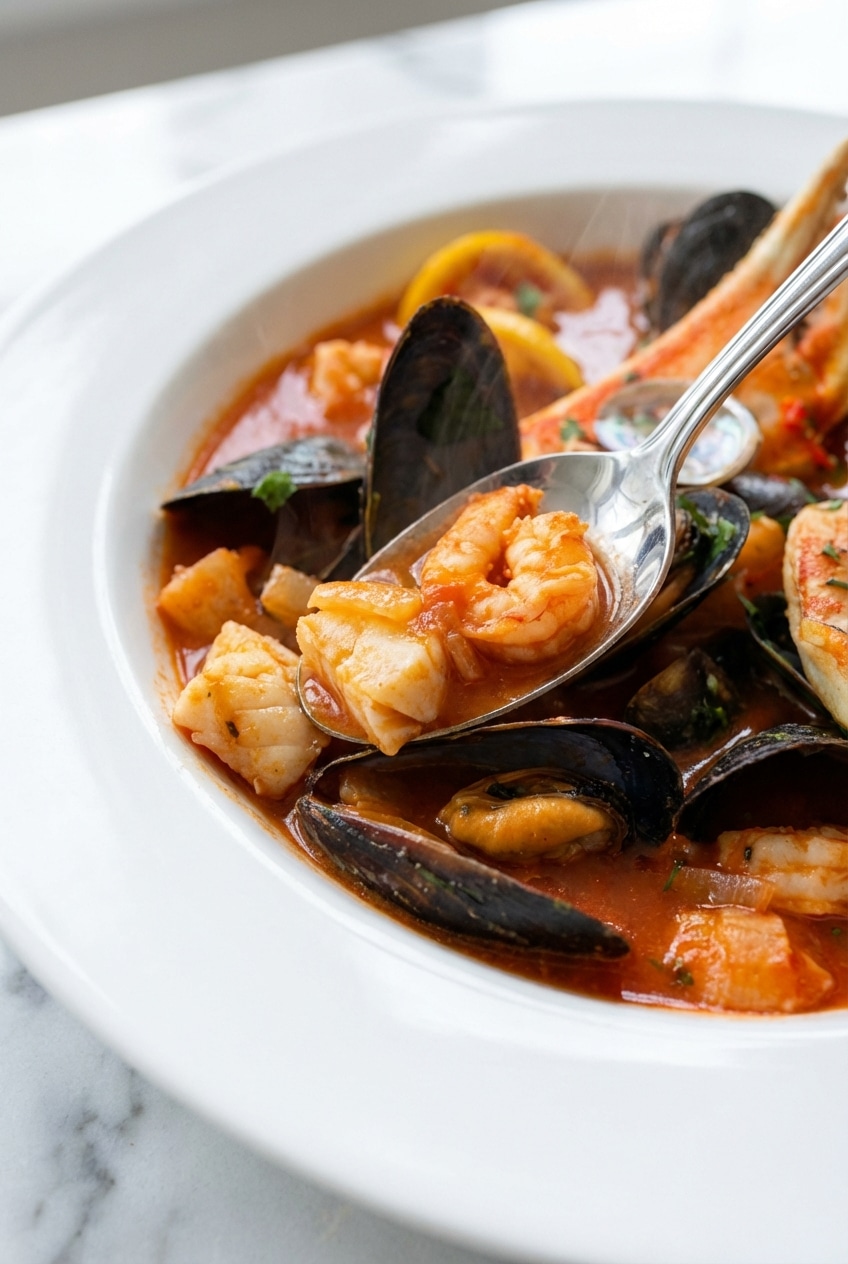 Steaming Cioppino Recipe in a Dutch oven with Littleneck clams and aromatics for a perfect seafood stew.