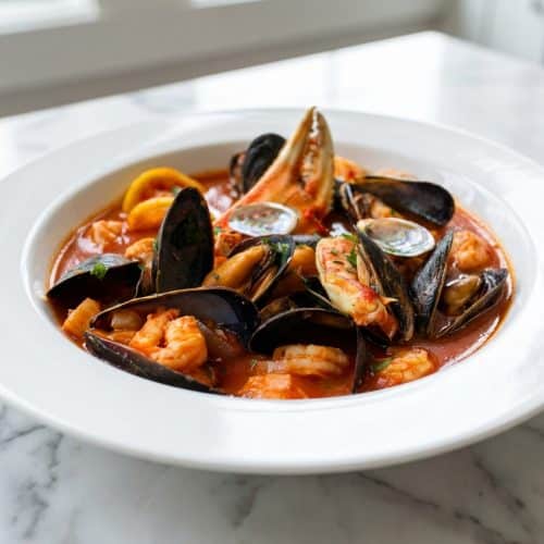Cioppino Recipe featuring Dungeness crab in a rich broth enhanced by a double-shell umami infusion.