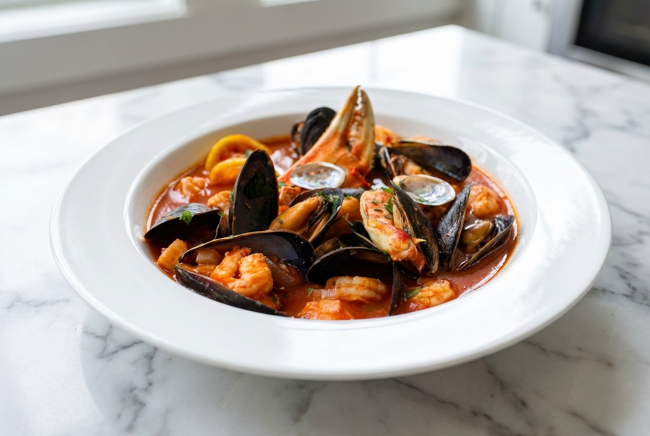 Cioppino Recipe featuring Dungeness crab in a rich broth enhanced by a double-shell umami infusion.