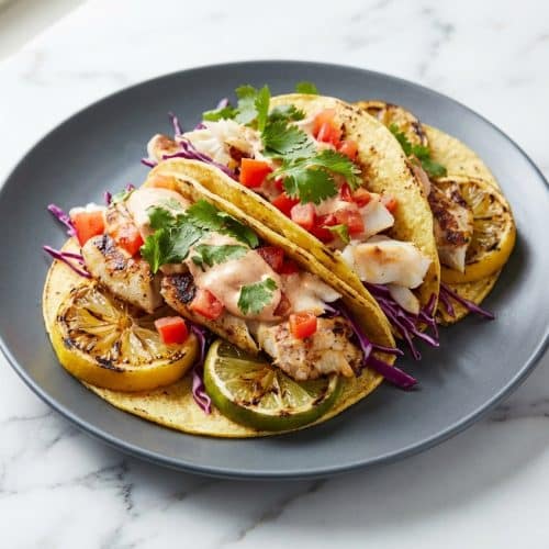 Grilled fish tacos topped with cabbage slaw, made using the citrus-shield grilling method for maximum juiciness.
