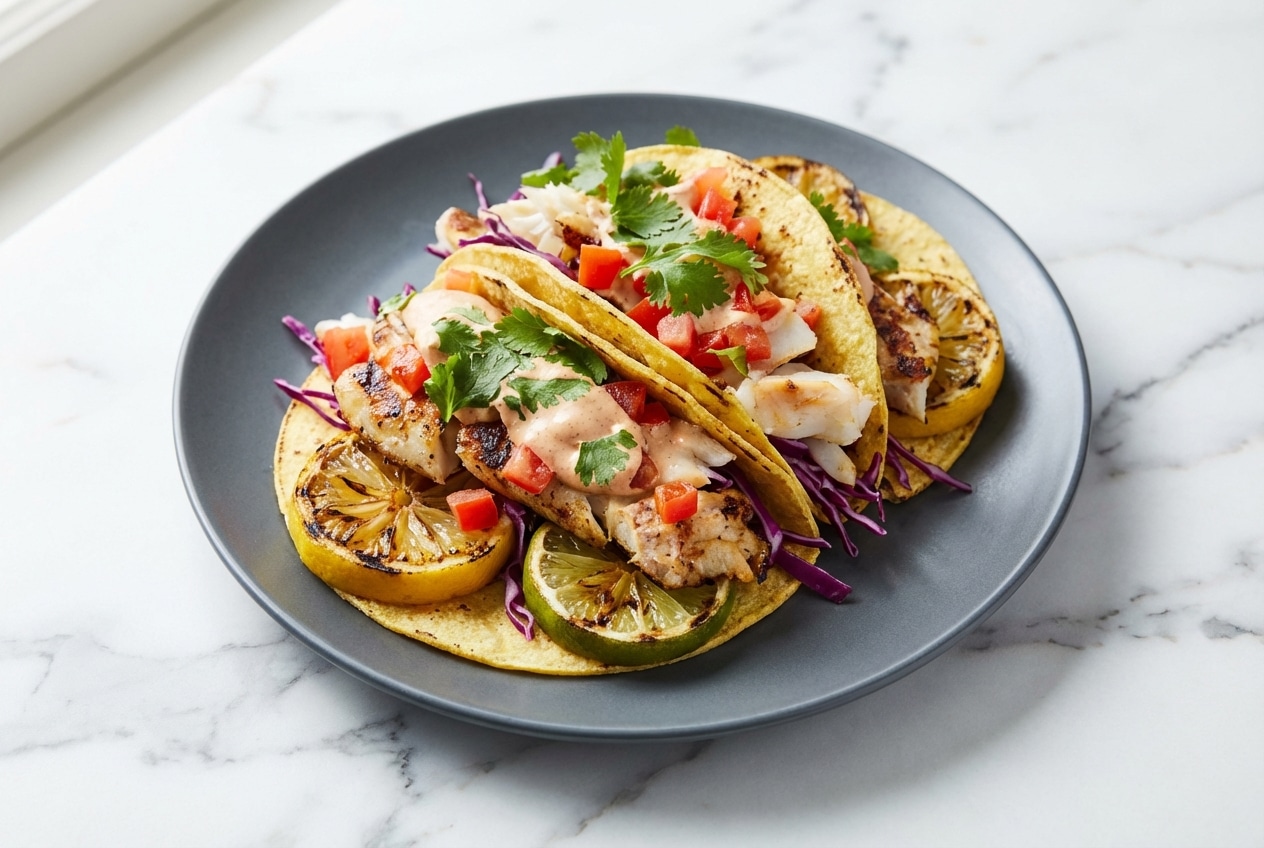 Grilled fish tacos topped with cabbage slaw, made using the citrus-shield grilling method for maximum juiciness.