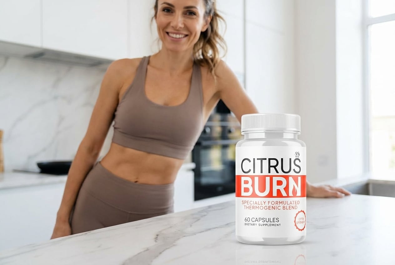 Bottle of CitrusBurn, a new weight loss supplement for 2026, displayed with fresh orange slices and green tea leaves.