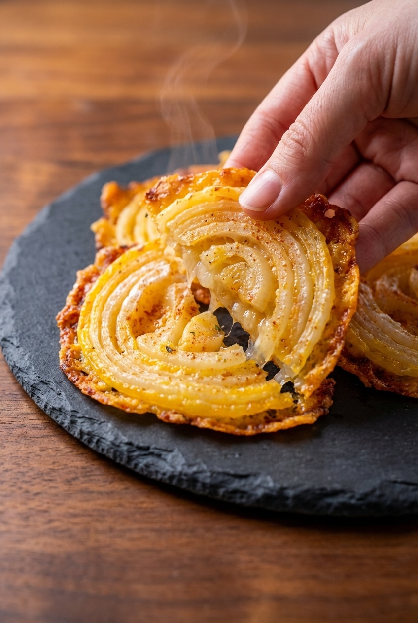 A close-up shot of several Cheesy Onion Crisps in a small white bowl, highlighting their lacy cheddar texture and toasted edges.