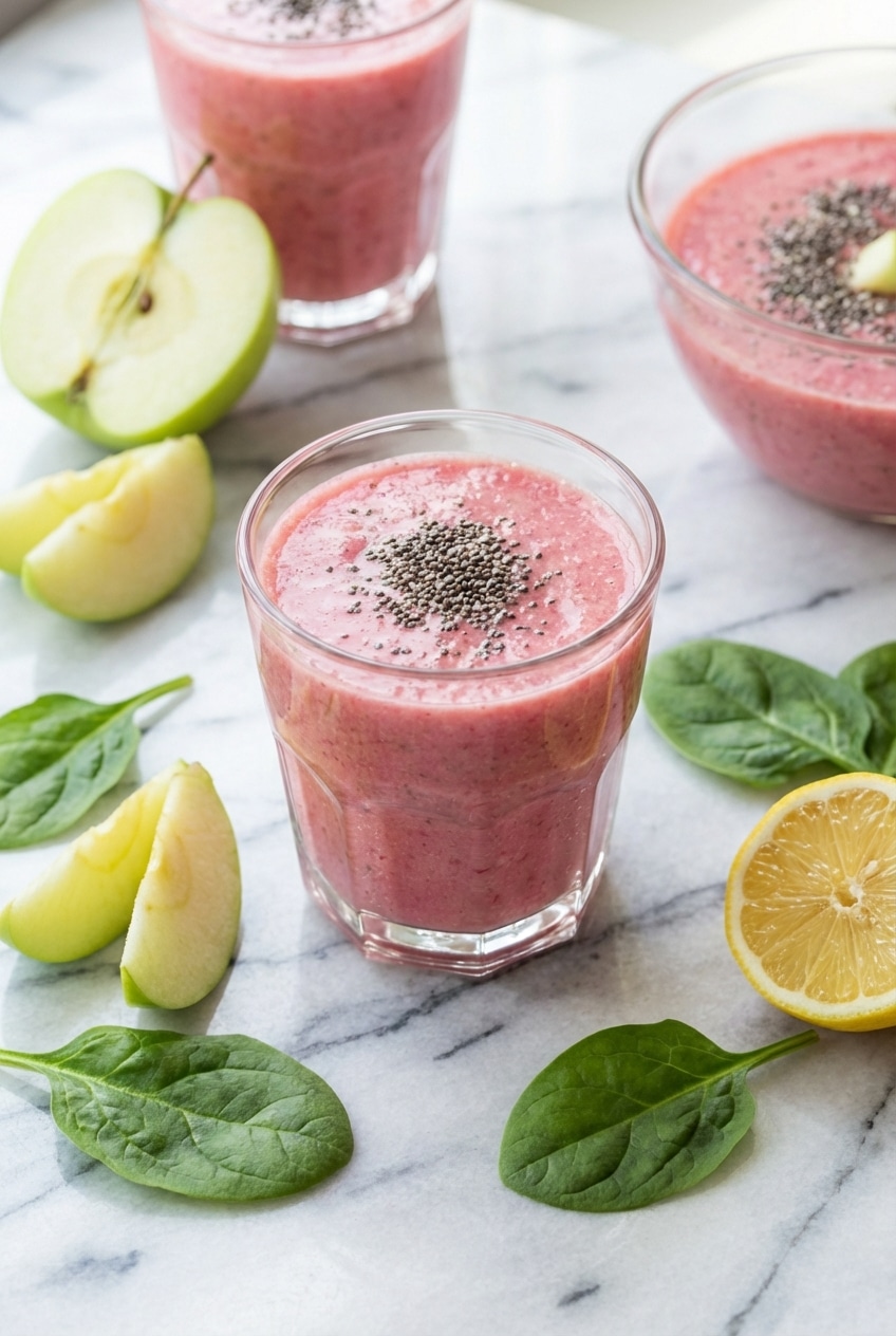 Close up of a poured pink salt detox smoothie showing a rich, speckled texture from the blended chia seeds and apple.
