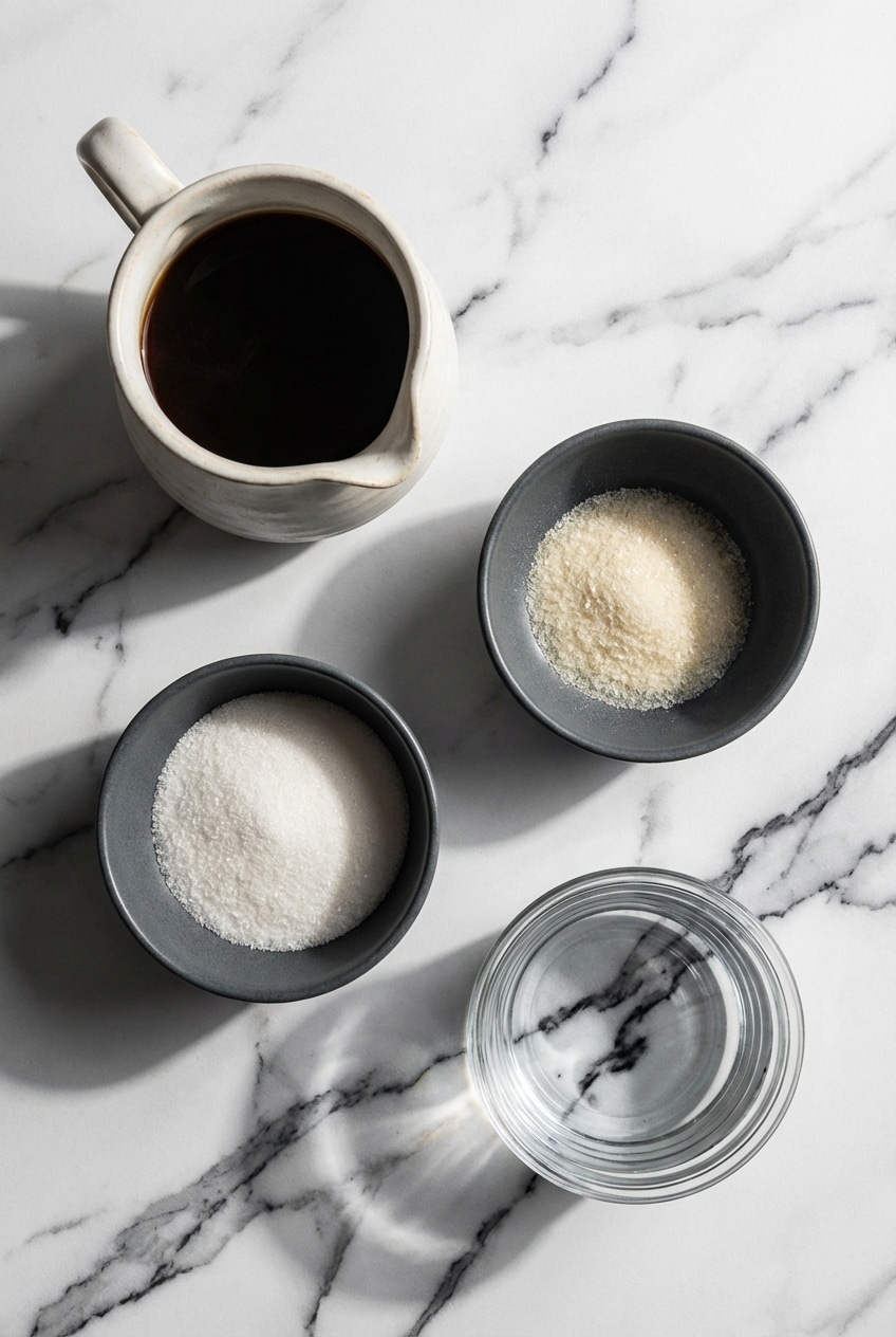 Flat lay of ingredients for coffee jelly drink recipe including cold brew coffee, condensed milk, and unflavored gelatin.