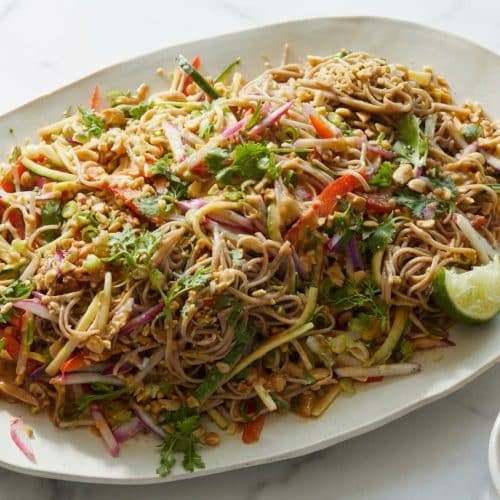 Cold noodle salad drizzled with a savory white miso peanut sauce for an intense umami depth charge.