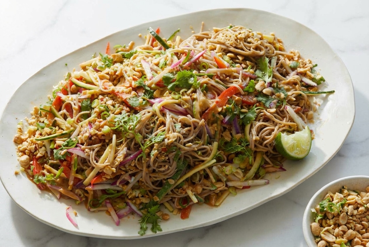 Cold noodle salad drizzled with a savory white miso peanut sauce for an intense umami depth charge.