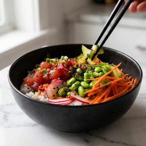 Ahi tuna poke bowl recipe featuring cold-smoke infused fish, edamame, and furikake over short-grain rice.