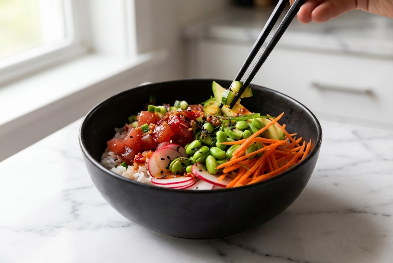 Ahi tuna poke bowl recipe featuring cold-smoke infused fish, edamame, and furikake over short-grain rice.