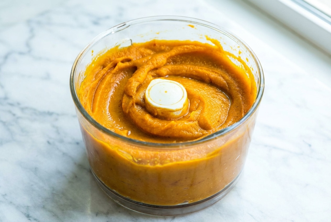Smooth, deep orange pumpkin puree made using the concentration roast method in a glass bowl.