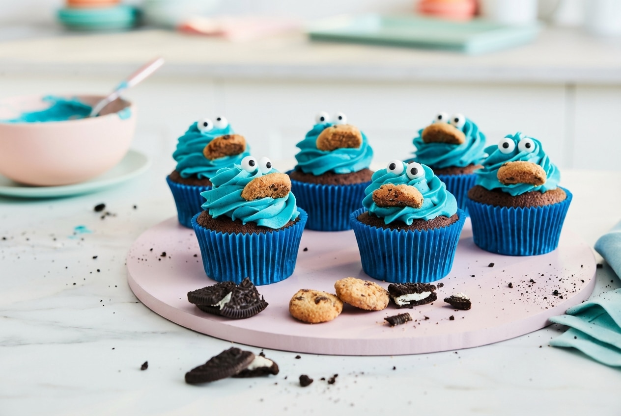 Cookie Monster Cupcakes with shaggy blue frosting and a hidden salted cookie dough core.