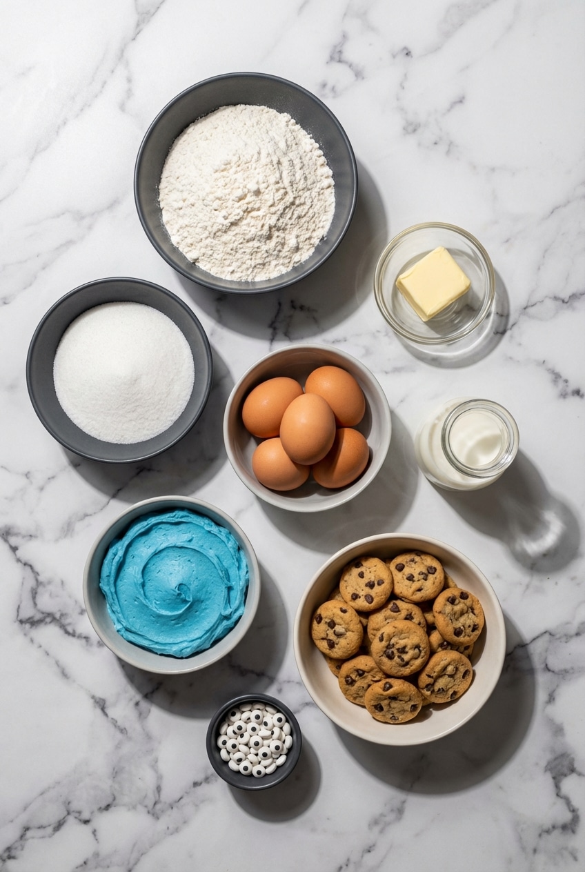 Flat lay of Cookie Monster Cupcakes ingredients including devil's food cake, candy eyeballs, and royal blue gel food coloring.