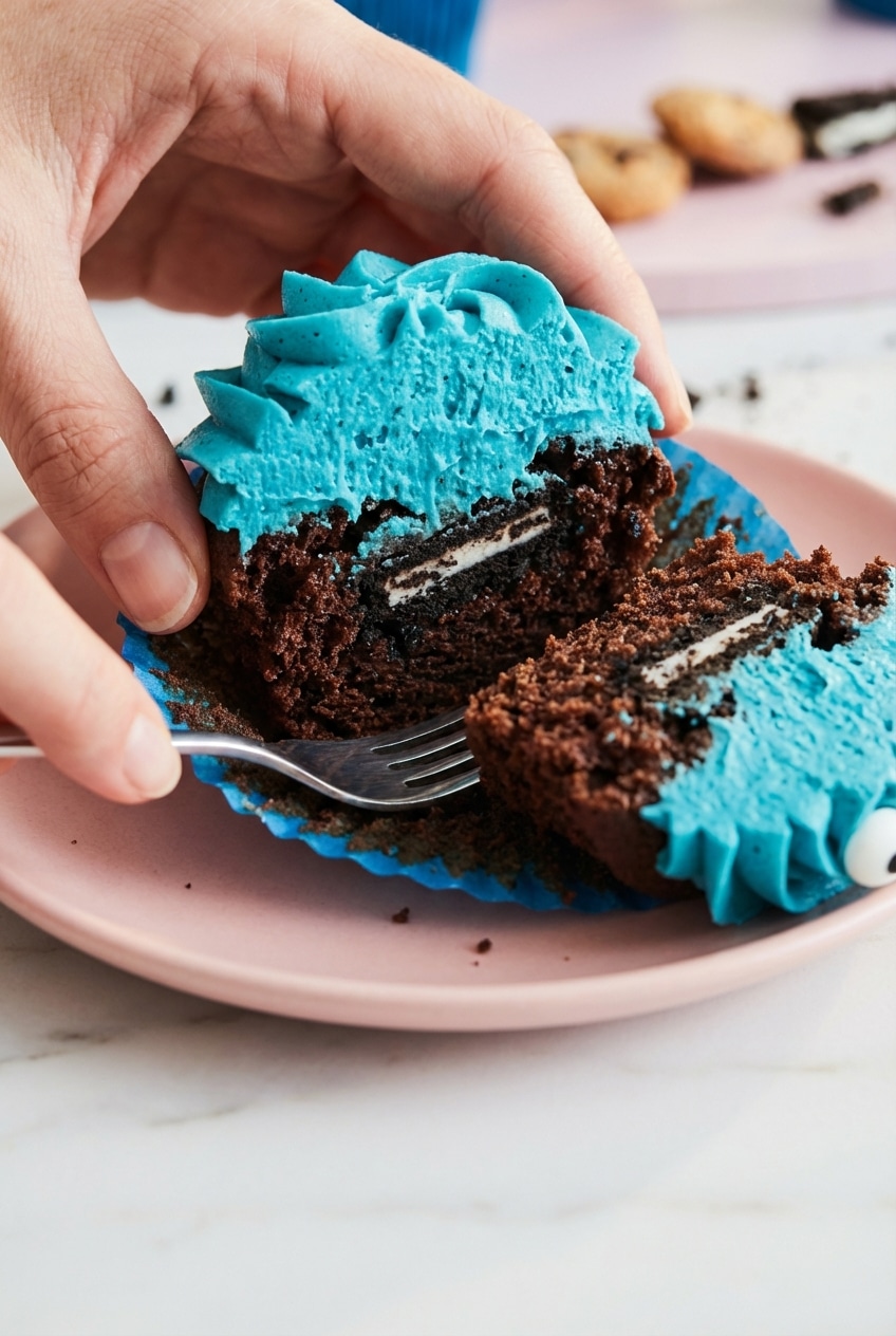 Close-up of the furry buttercream texture on Cookie Monster Cupcakes created with a grass piping nozzle.
