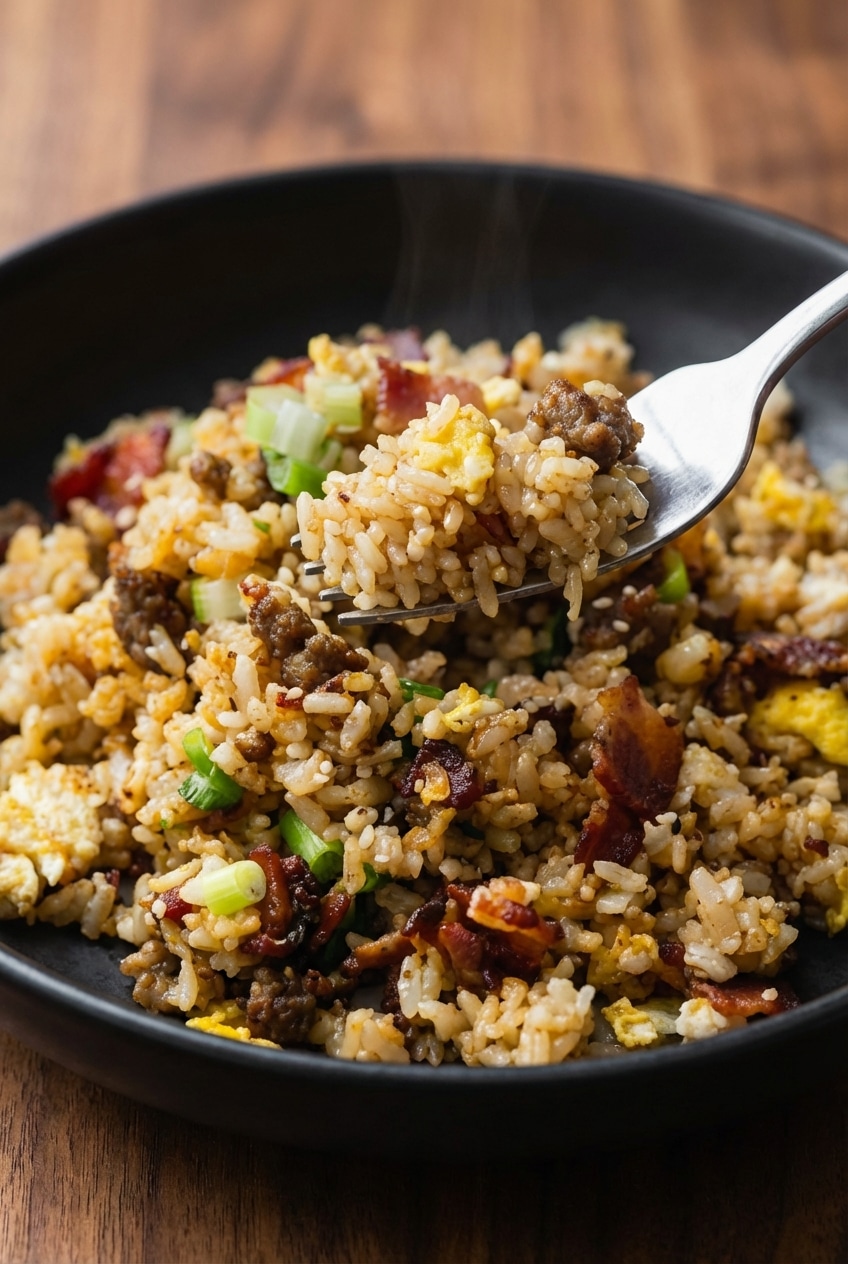 Sizzling breakfast fried rice in a cast iron skillet achieving a perfect Maillard reaction.