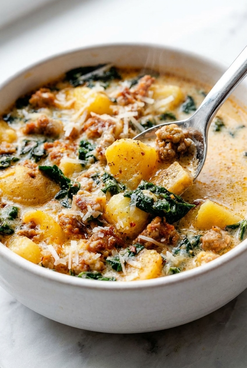 Simmering creamy zuppa toscana in a Dutch oven, showing the emulsification of heavy cream and savory broth.
