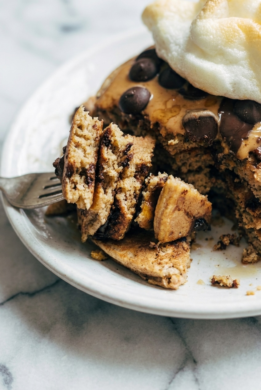 Golden protein pancakes cooking on a non-stick griddle to demonstrate proper heat and height.
