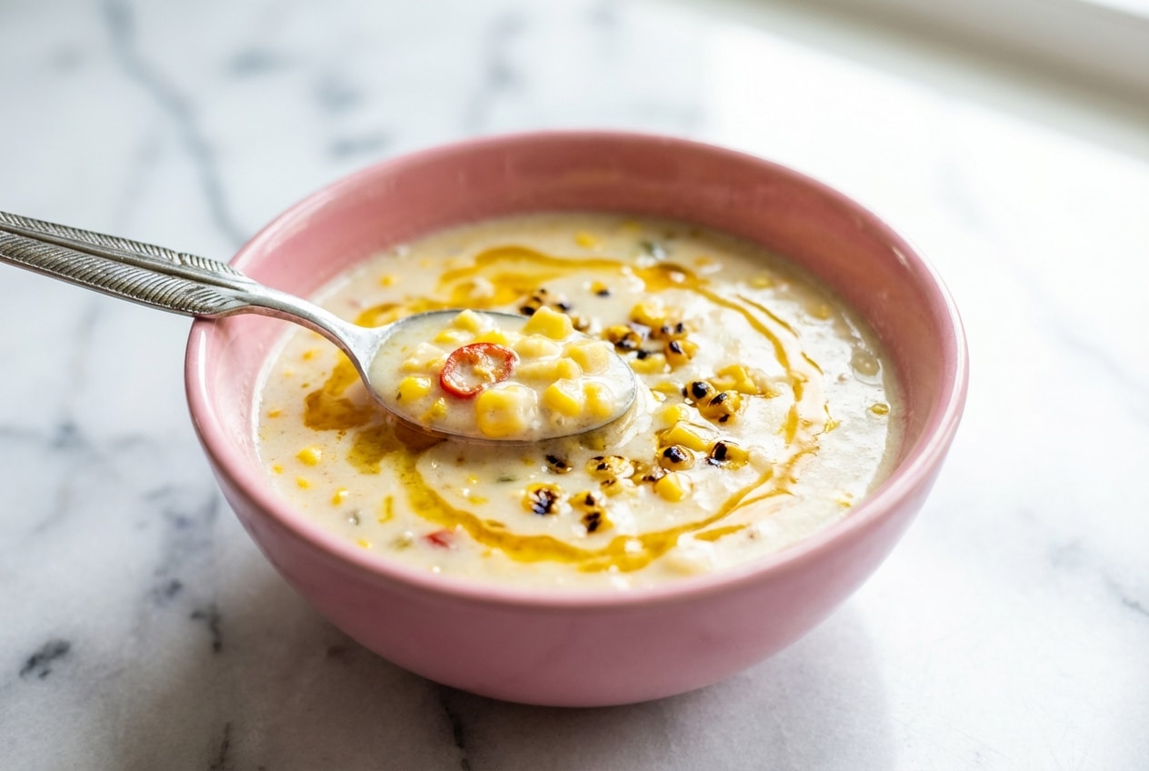 Bowl of creamy corn chowder with chilies garnished with herbs, highlighting the rich color from the corn cob broth infusion.