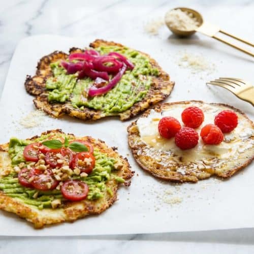 Golden Cottage Cheese Breakfast Rounds on a plate, made thicker with a touch of oat flour blended into the batter.