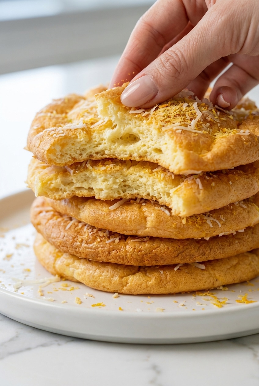 Close up of fluffy egg whites whipped to stiff peaks for Cottage Cheese Cloud Bread.