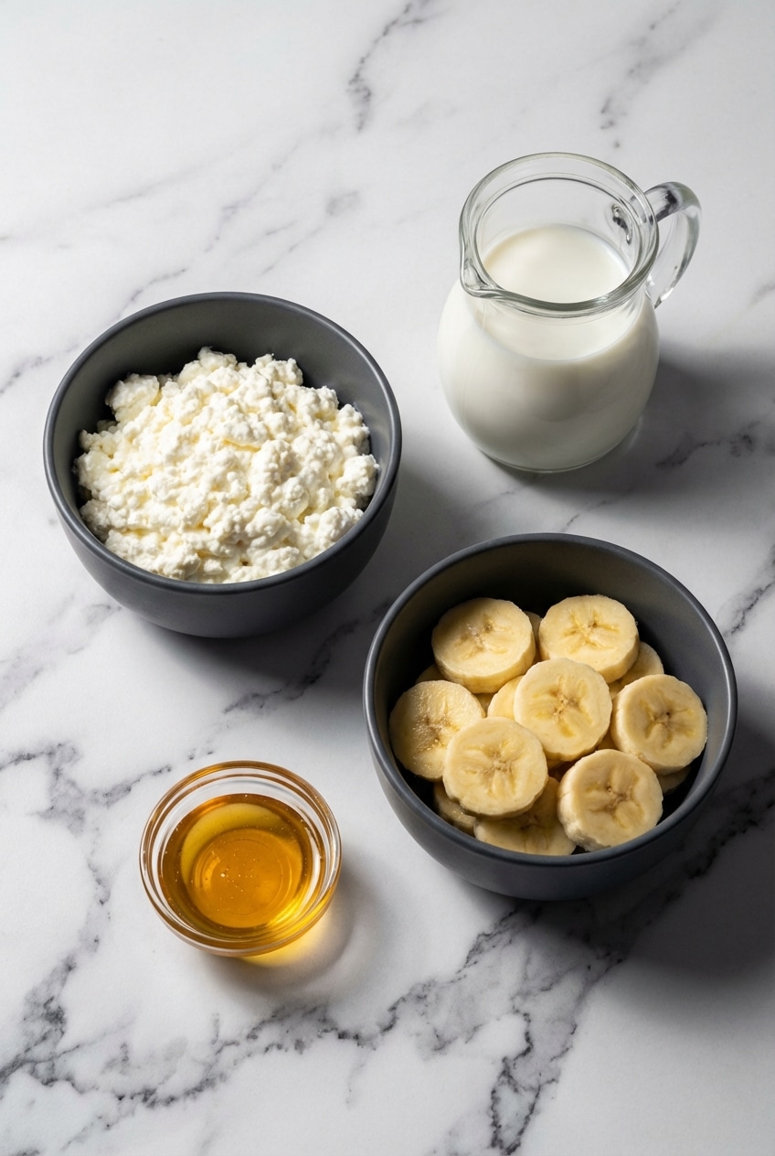 Flat lay of ingredients for a cottage cheese smoothie featuring curds and whey, fresh lemon, and sea salt.