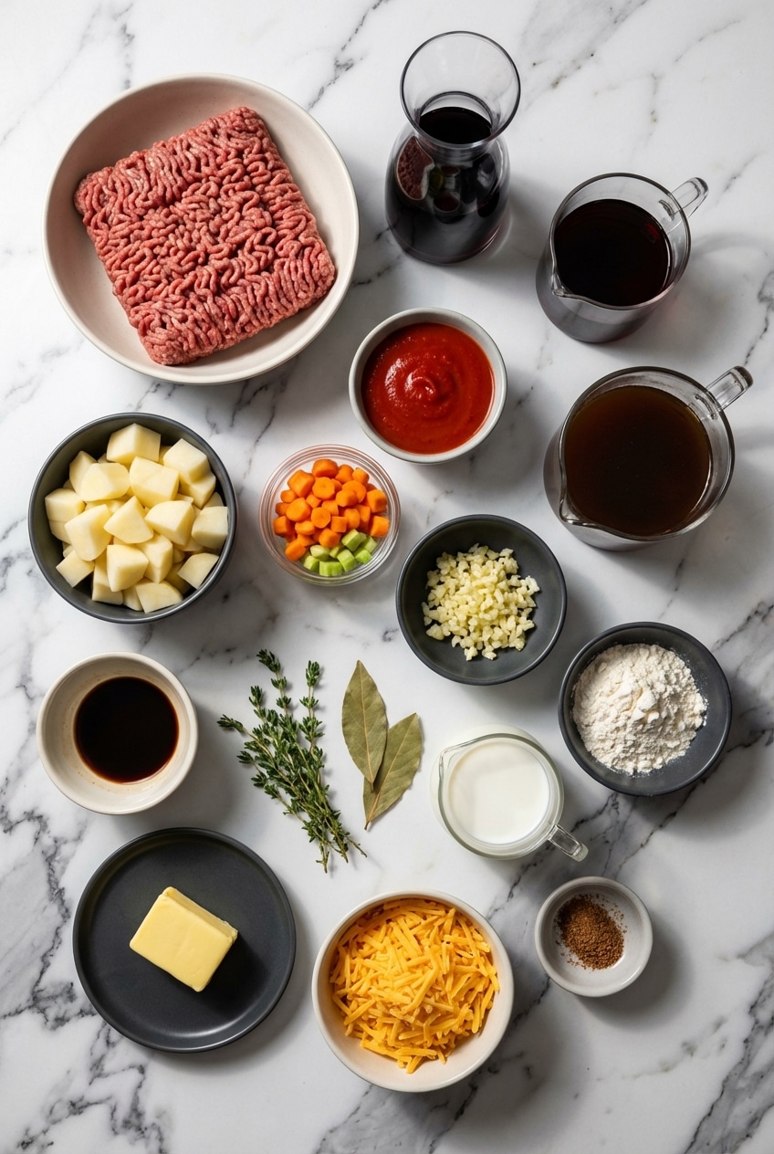 Fresh ingredients for cottage pie including ground beef, russet potatoes, mirepoix, Guinness, and Worcestershire sauce.
