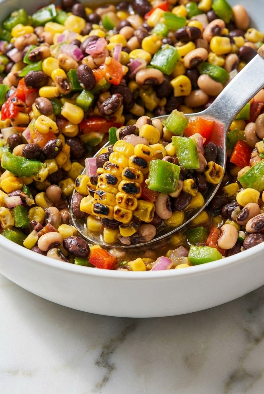 Extreme close-up of Cowboy Caviar Recipe highlighting the chunky texture of beans and fire-roasted corn kernels.