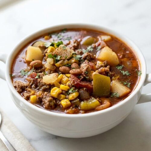 Hearty cowboy soup in a Dutch oven featuring a secret campfire-inspired cocoa and liquid smoke twist.