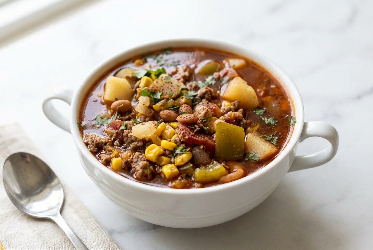 Hearty cowboy soup in a Dutch oven featuring a secret campfire-inspired cocoa and liquid smoke twist.