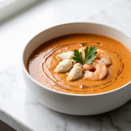 A creamy bowl of Crab and Shrimp Seafood Bisque, enriched with a nutty brown butter and sherry deglaze, topped with fresh chives.