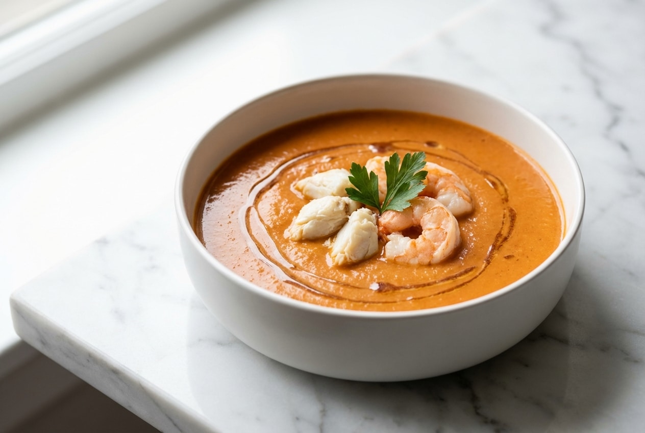 A creamy bowl of Crab and Shrimp Seafood Bisque, enriched with a nutty brown butter and sherry deglaze, topped with fresh chives.