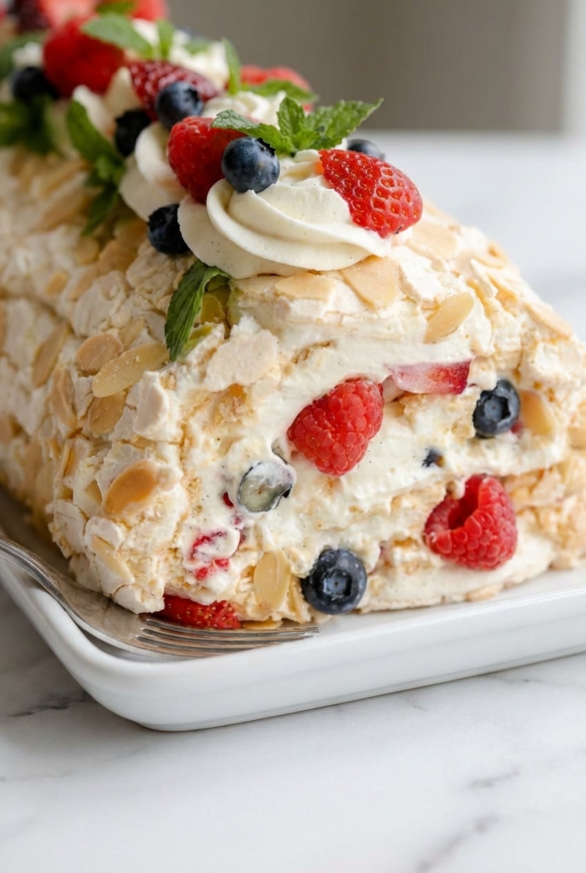 A perfectly rolled meringue roulade resting on baking parchment after using the folding technique for a crack-free finish.