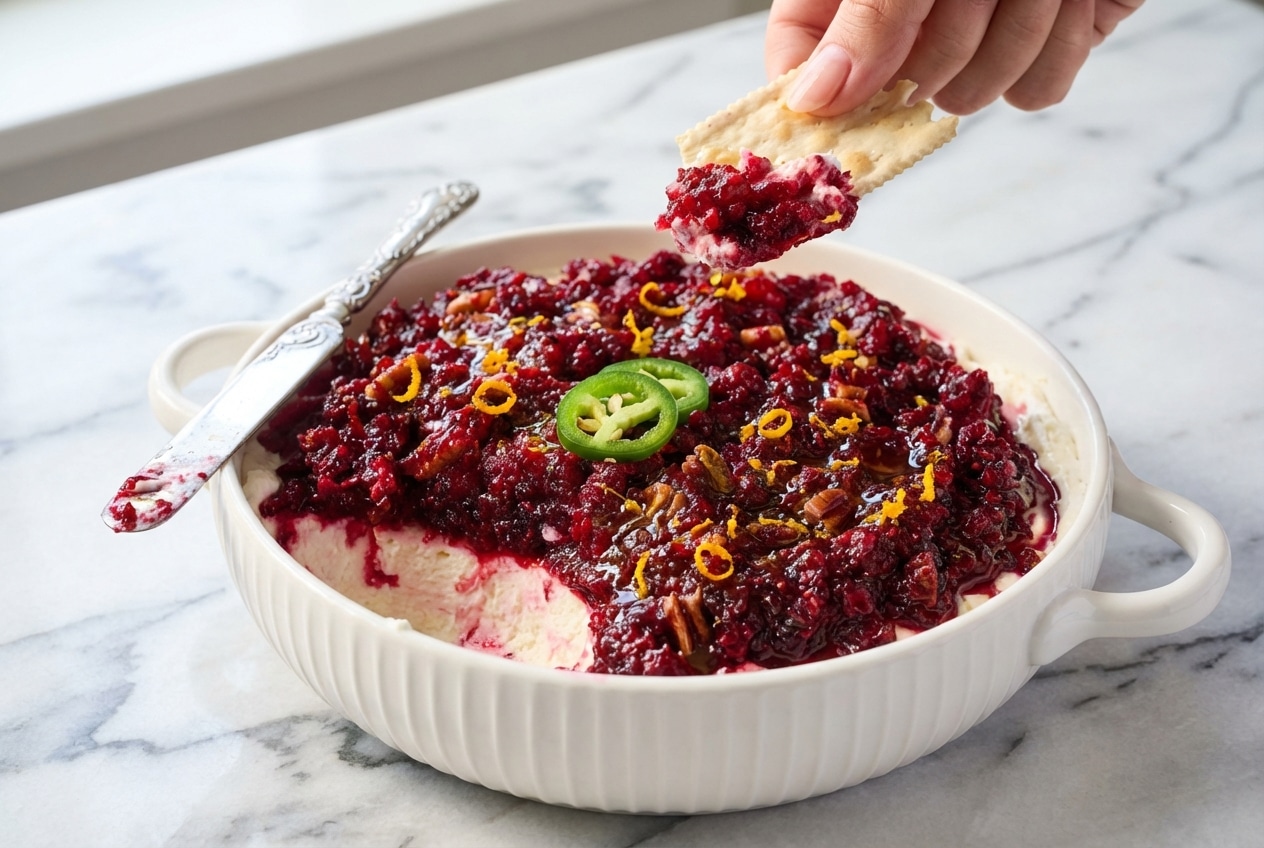 Creamy cranberry jalapeno cream cheese dip topped with hot honey and fresh orange zest in a festive holiday bowl.