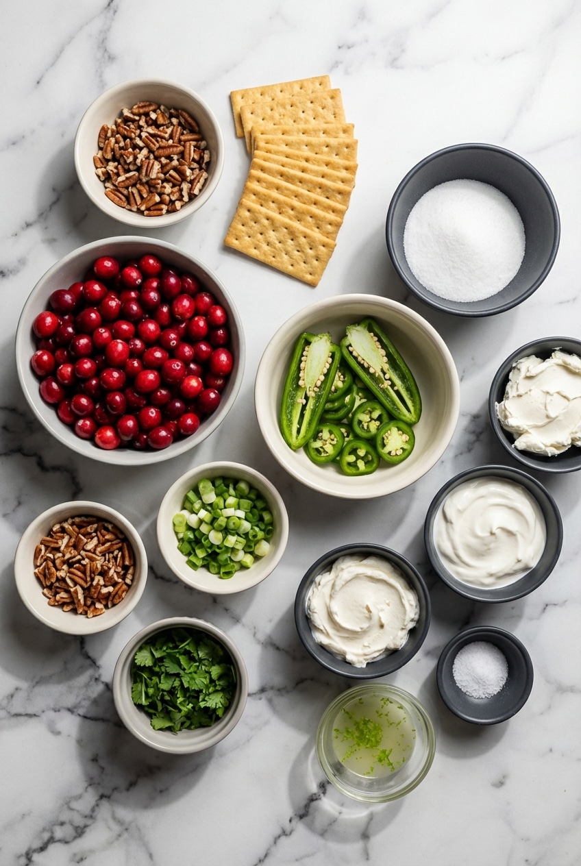 Flat lay of ingredients for cranberry jalapeno cream cheese dip including jalapeño peppers, cream cheese, and cranberries.