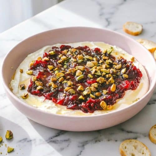 Creamy cranberry whipped feta dip topped with a nutty browned butter and sage cranberry compote.