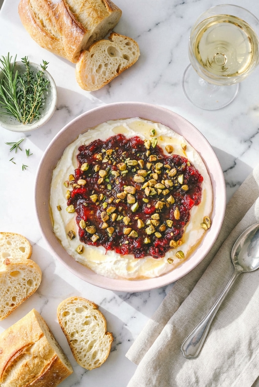 Cranberry whipped feta dip served in a bowl with toasted crostini and pistachios on a festive table.