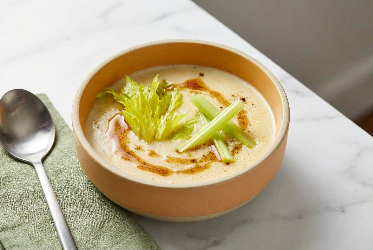 Cream of celery soup topped with brown butter nutmeg infusion and reserved celery batons in a ceramic bowl.