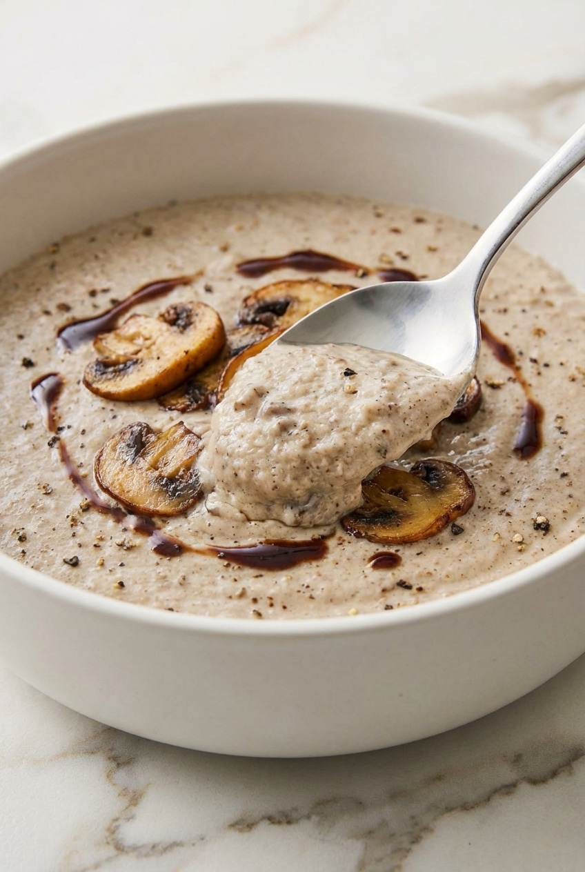 A spoon lifting thick, smooth cream of mushroom soup to demonstrate the perfect velvety consistency.