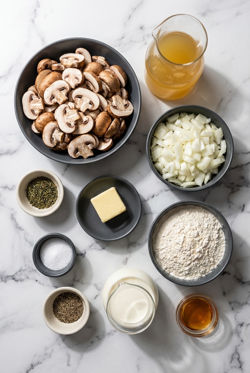 Raw ingredients for cream of mushroom soup with Cremini mushrooms, fresh thyme, shallots, and heavy cream.