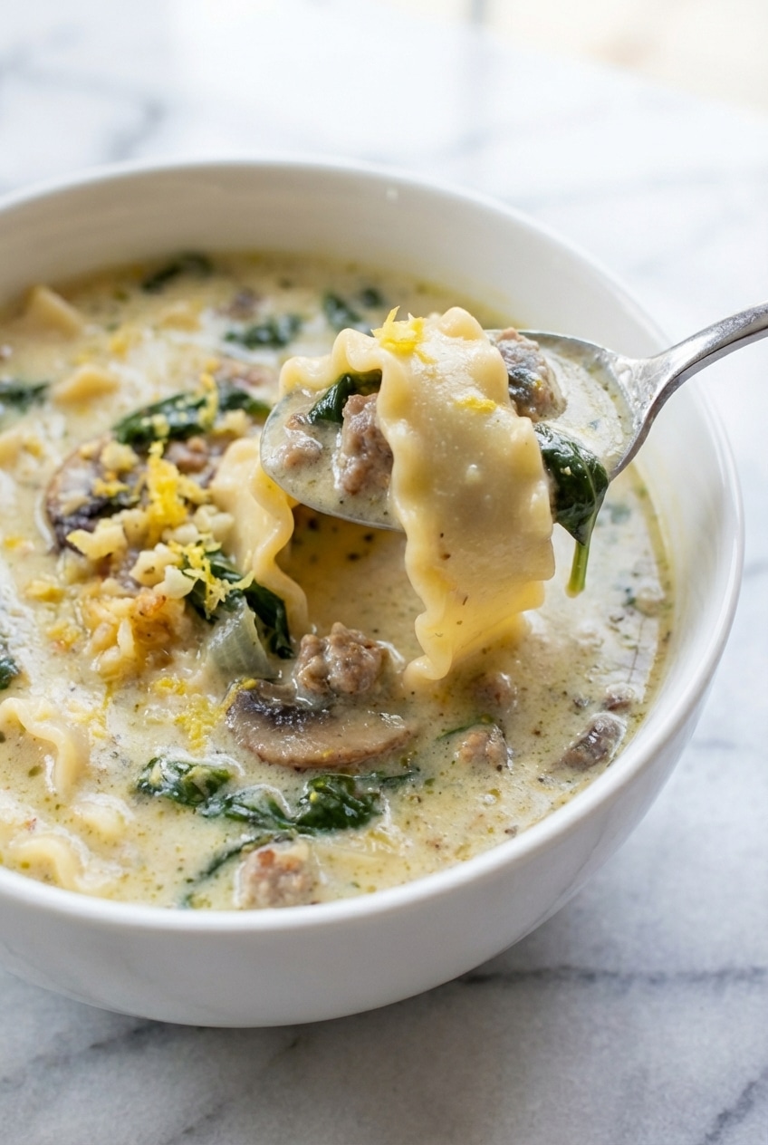 A close-up shot of a single serving of creamy alfredo lasagna soup in a rustic bowl, garnished with fresh herbs and cracked black pepper.