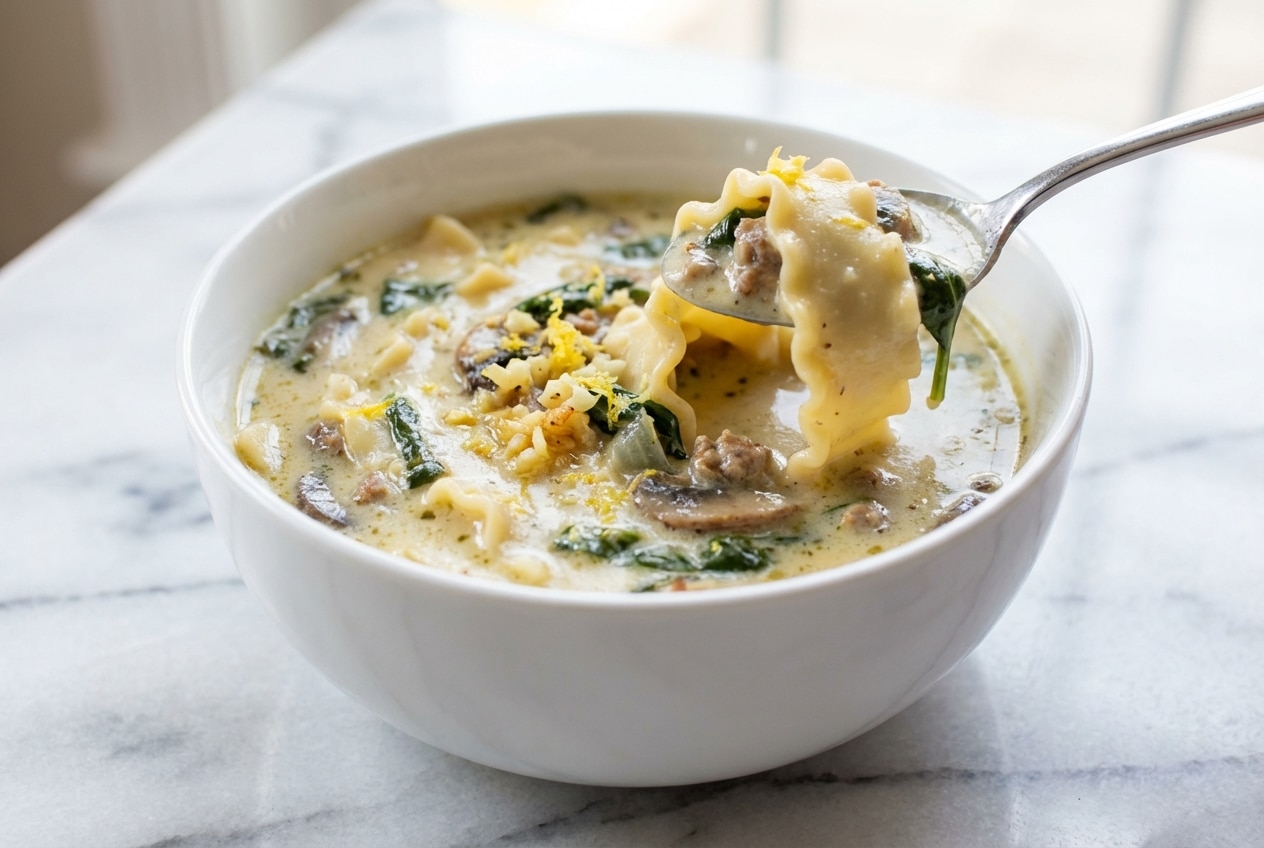 A white bowl filled with creamy alfredo lasagna soup, infused with roasted garlic and topped with fresh parsley and a twist of lemon zest.
