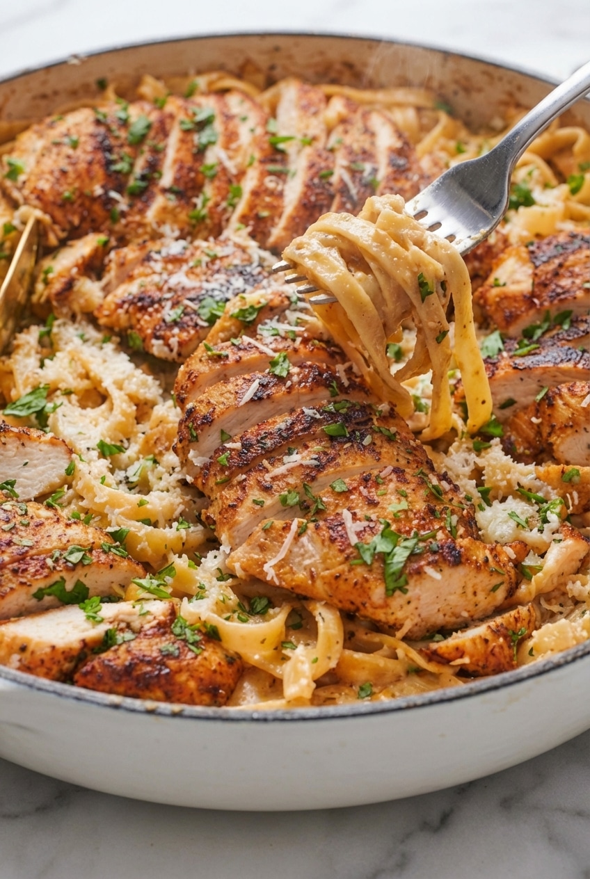 Close-up of cajun chicken alfredo pasta sauce showing the emulsification of heavy cream and Parmigiano-Reggiano.