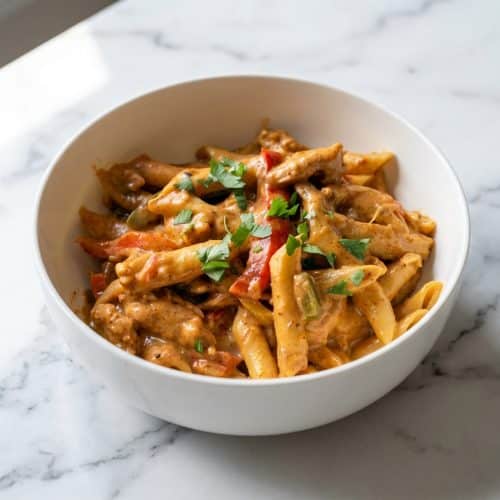 Creamy chicken fajita pasta featuring a silky cream cheese emulsification and sautéed bell peppers in a skillet.
