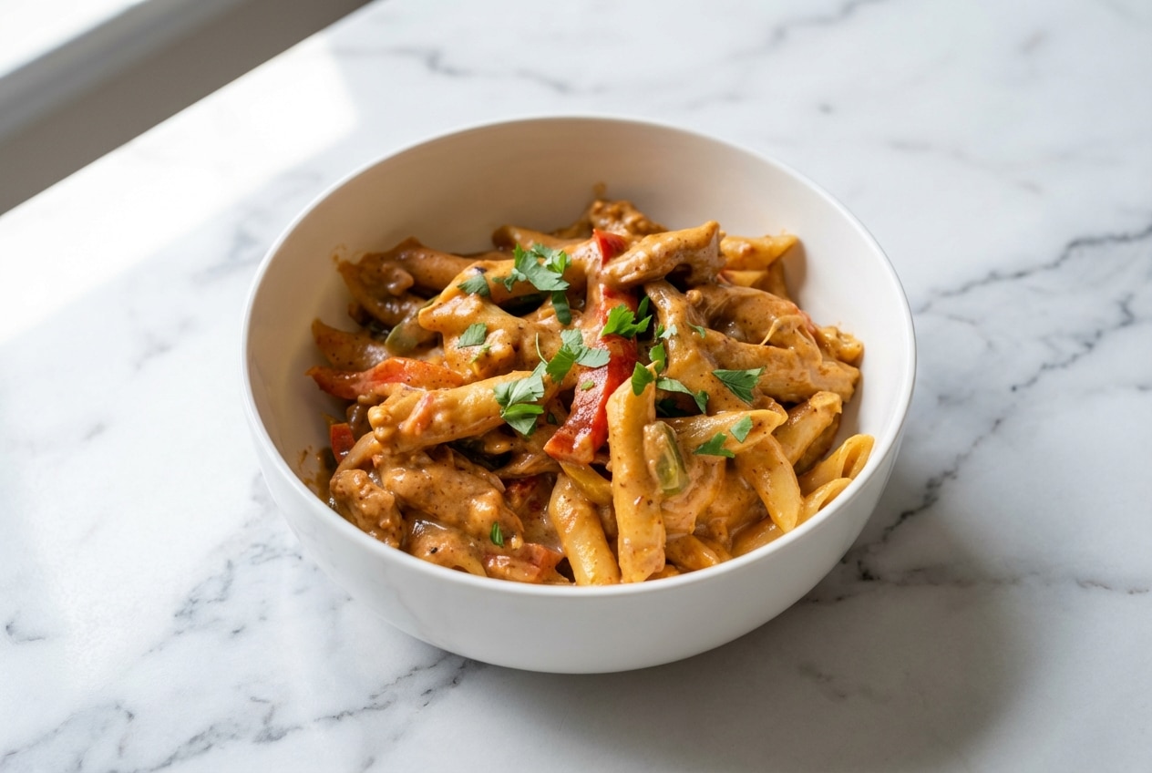 Creamy chicken fajita pasta featuring a silky cream cheese emulsification and sautéed bell peppers in a skillet.