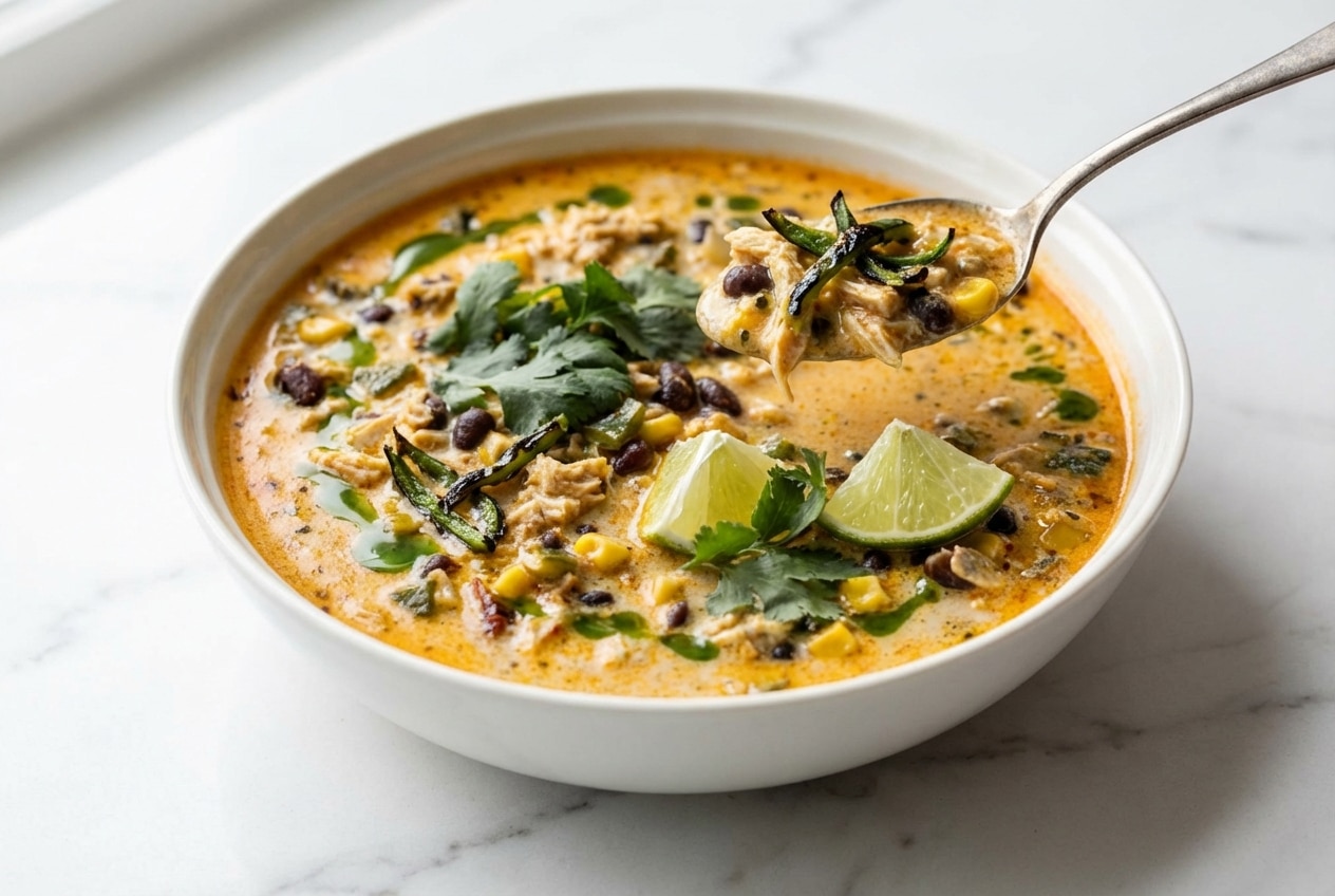 Creamy chicken poblano soup topped with tortilla strips, showcasing the double-poblano depth technique.