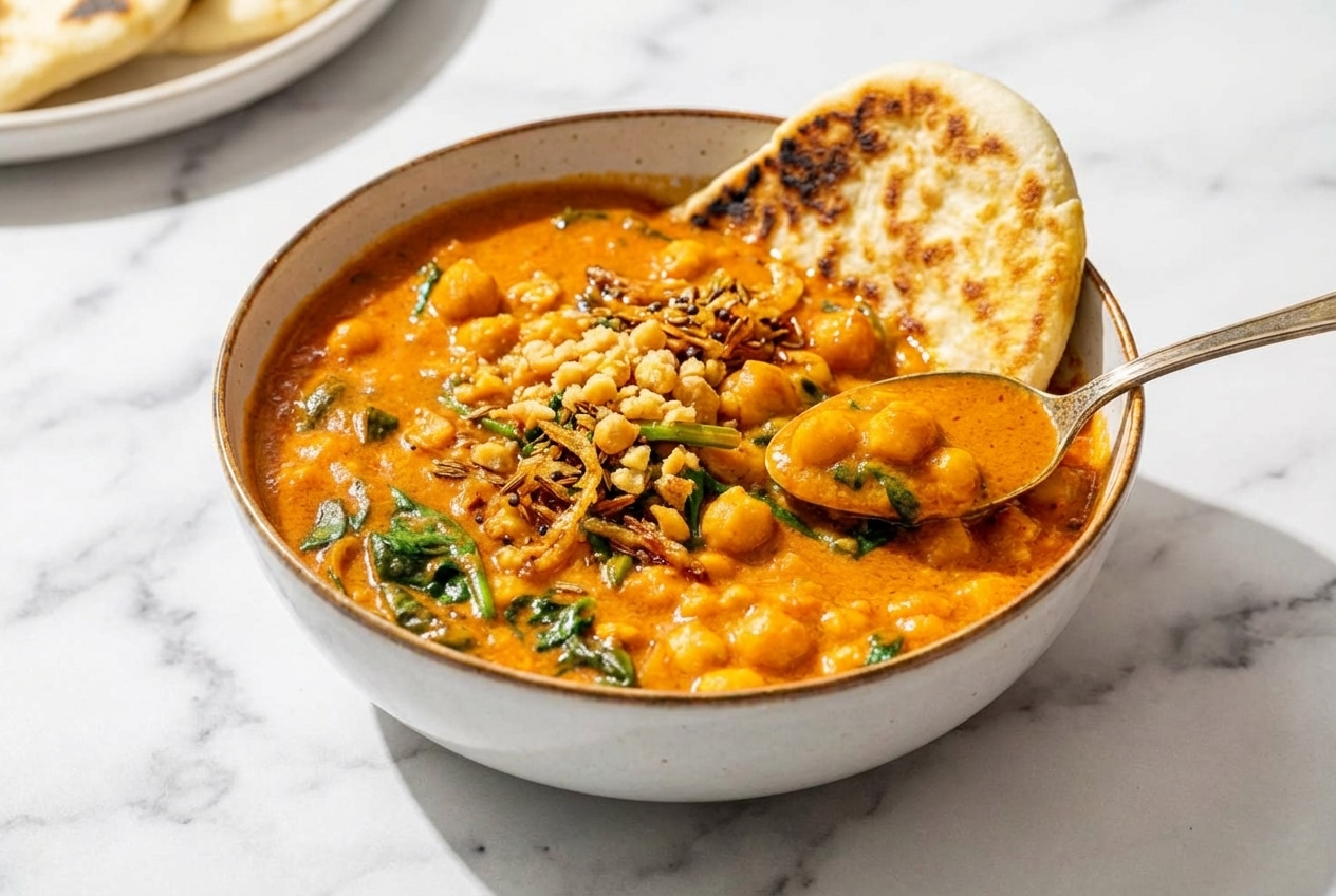 Overhead view of a rich chickpea curry in a pot featuring the smashed chickpea texture and golden fried aromatics on top