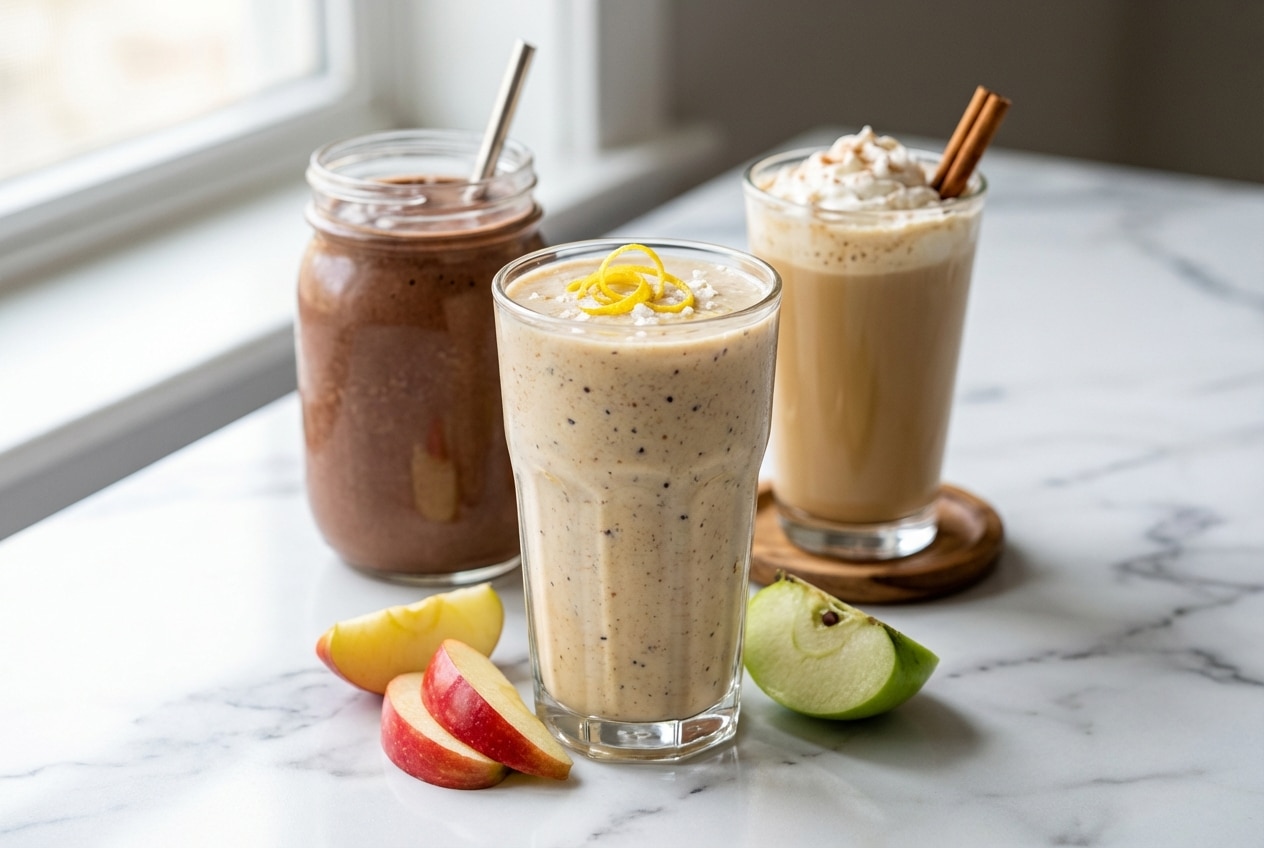 Creamy cottage cheese smoothie topped with bright lemon zest and a pinch of flaky sea salt in a glass.