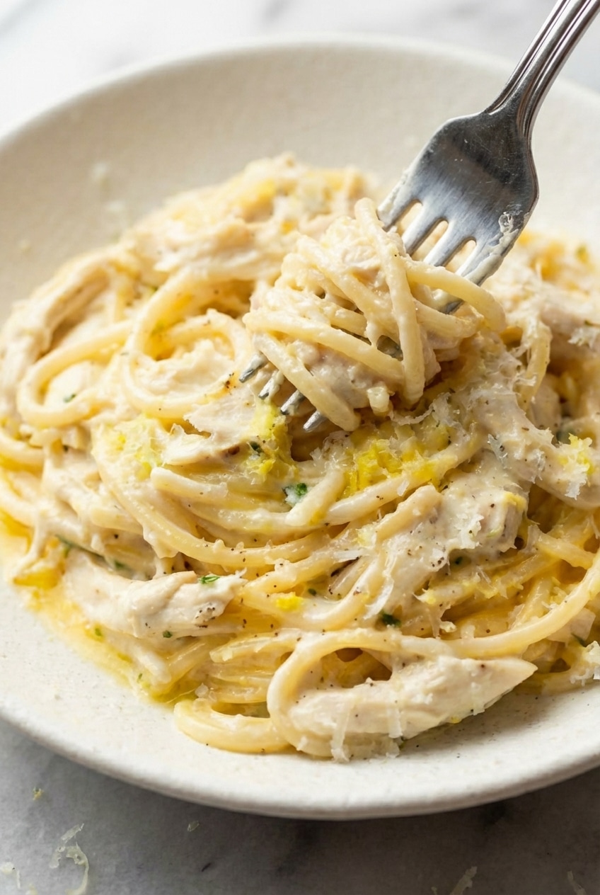 Close up of the glossy sauce coating the Lemon Chicken Pasta created by a smooth emulsion of pasta water and cheese.