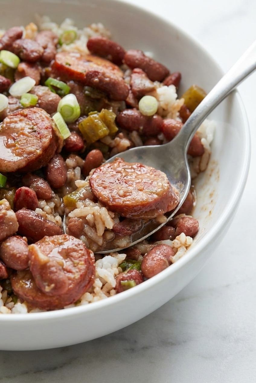 Close-up texture of creamy Louisiana red beans and rice recipe showing the thick sauce and tender, slow-cooked beans.