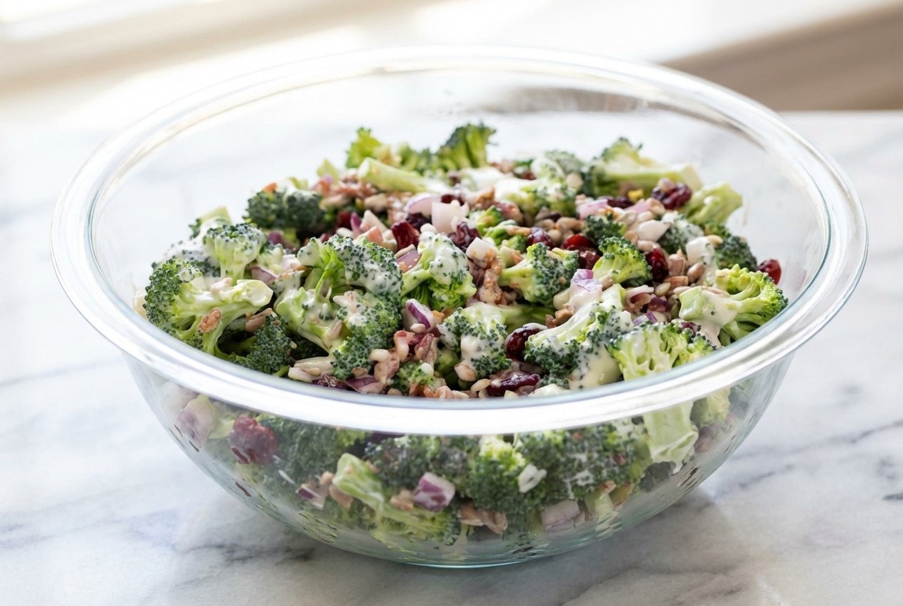 Creamy broccoli salad featuring a savory white miso dressing, crisp florets, and smoky bacon bits.